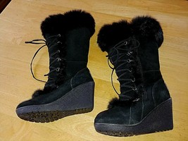 Bear Paw Ladies Black Suede Leather High Wedge Winter BOOTS-7M-WORN 1-RABBIT Fur - £43.95 GBP