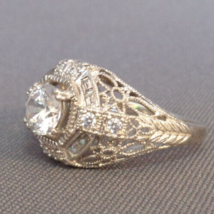 Sterling Silver CZ Cocktail Ring Art Deco Style Filigree Signed MEDA Size 10 - £32.06 GBP