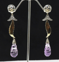 Natural Amethyst Carved Teardrop Diamond 18K Gold &amp; 925 Silver Victorian Earring - £227.81 GBP