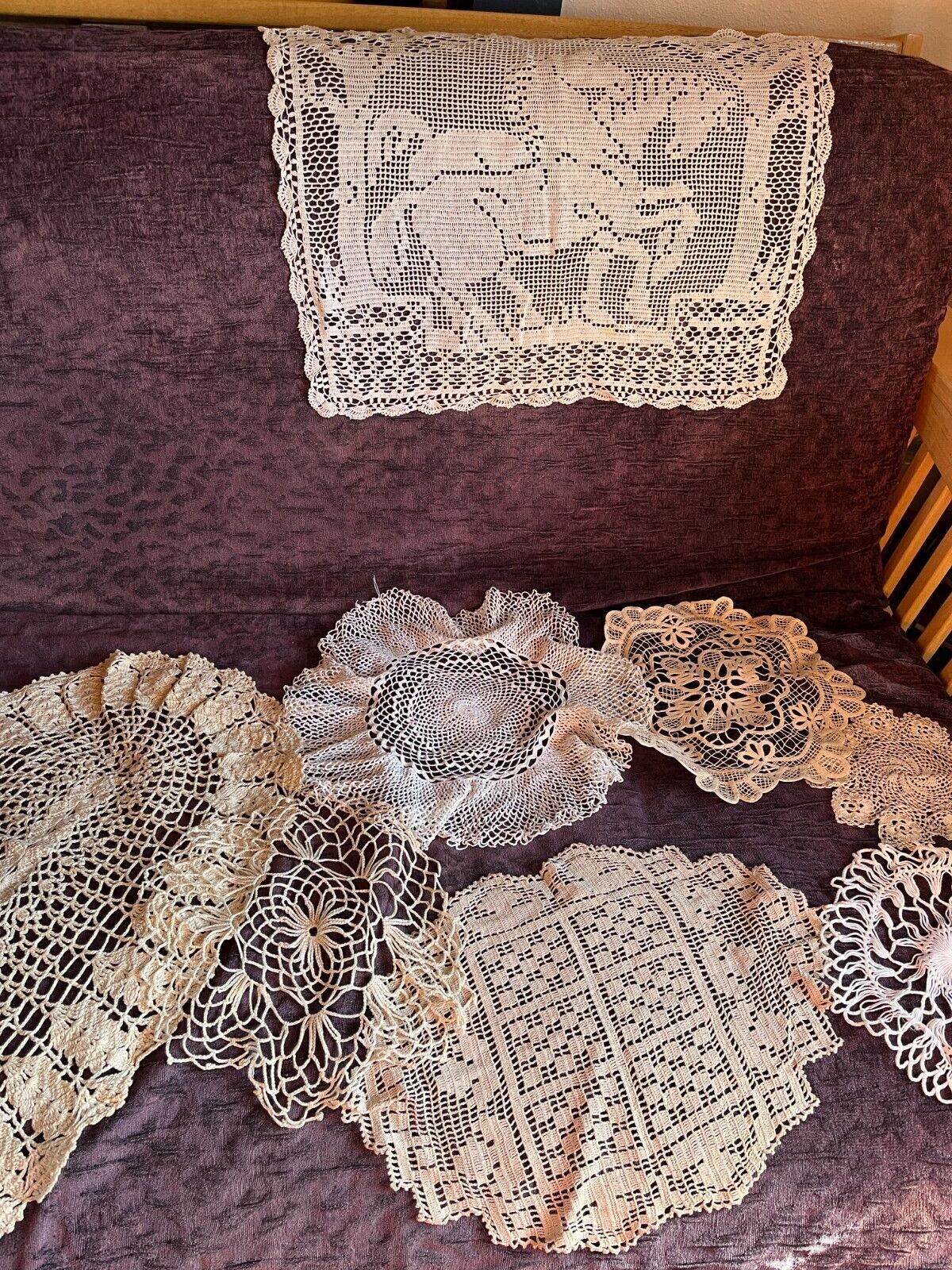 Primary image for Lot of Cream or Ecru Filet Crocheted Stately Horses Round & Oval Doilies Runners