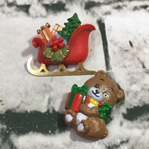Vintage Christmas Pins Plastic Lot Of 2 Santas Sleigh Teddy Bear Hallmark Russ  - $11.88