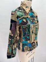 Mirror Image Printed Jean Jacket Sz S Multicolor Face Abstract 3/4 Sleeve - £27.55 GBP