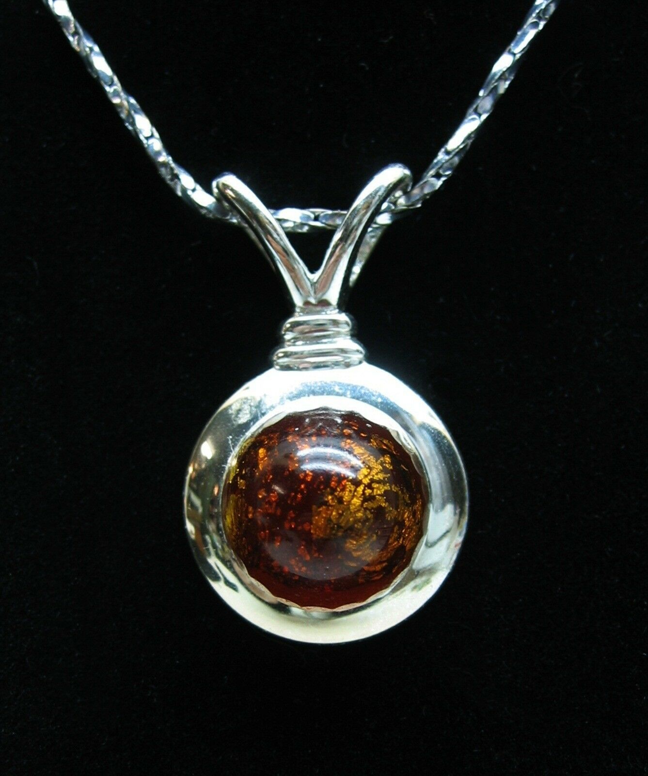 FOILED CABOCHON Pendant NECKLACE Vintage Golden Brown  Plastic Silvertone Item image 11
