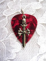 BLOOD RED GUITAR PICK PEWTER SKULL DAGGER CHARM PENDANT - $9.79 CAD