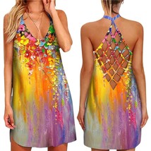 2022 Summer Tie Dye 3D Print Halter Mini Dresses  Criss-Cross  Out Sleeveless Dr - £42.76 GBP