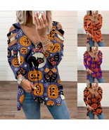 Haloween Women T-shirt Blouse Women Pumpkin Print Elegant Zipper V-neck - $79.19