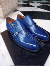 Men Handmade Leather Shoes, Genuine Leather Blue Patina Double Monk Dress Shoes - £136.65 GBP