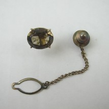Vintage Tie Tack Lapel Pin Faceted Smoky Gem Stone Brown with Chain - £7.86 GBP