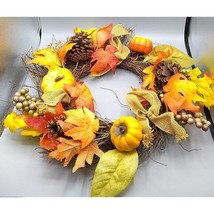 Pine Cone, Pumpkin and Artificial Berry Autumn Wreath, Brown and Orange Leaves - £49.02 GBP