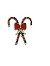 Vintage Christmas Brooch Pin Double Candy Cane Gold Tone Enamel Red Bow ... - £11.89 GBP