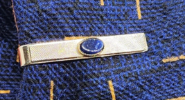 Vintage Shields Tie Bar Clip Clasp Stay Gold Tone Elegant w/ Oval Blue Stone - $17.80