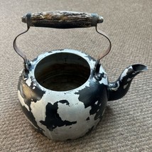 Vintage Aluminum Teapot Wood Handle Black Paint Patina Porch Decor Flower Pot - £15.01 GBP