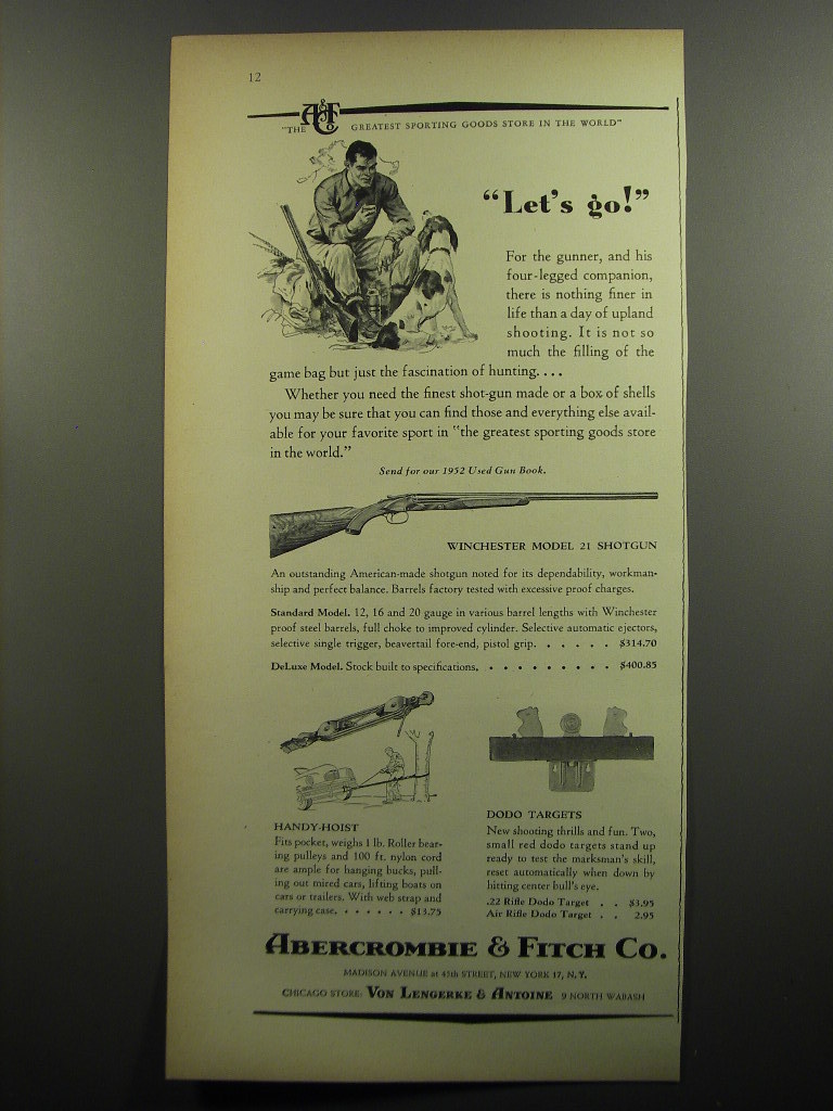 Primary image for 1952 Abercrombie & Fitch Ad - Winchester Model 21 Shotgun; Handy-Hoist; Targets