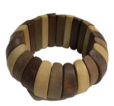 Vintage Wooden Oval Flat Bead Stretch Bracelet Chunky Wood Elastic Beaded - £23.98 GBP