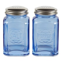 Retro Blue Glass Salt Pepper Shakers Square Stainless-Steel Lid Gift NEW - $512.61 MXN
