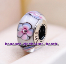 925 Sterling Silver Handmade Glass Bead White &amp; Pink Flower Murano Glass... - $6.00