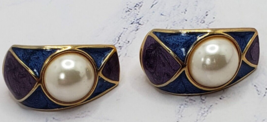 Trifari Blue and Red Faux Pearl Enamel Gold Tone Clip On Earrings - £11.65 GBP