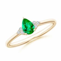 ANGARA Pear Emerald Ring with Trio Diamond in 14K Gold (Grade-AAA, Size-6x4) - £676.60 GBP