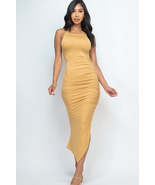 Safari yellow Sleeveless Ruched Side Split Bodycon  Beach Party Maxi Dress - £15.23 GBP