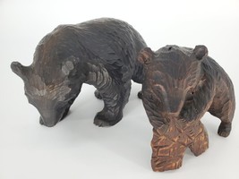 Set of 2 Vintage Bear Wood Carving Hand Carving Sculpture Bear Figurine Cub - £90.24 GBP