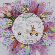 Easter Bunny Wreath Pastel Mesh Decor 24x8 Follow the Bunny Porch Accent - $54.99