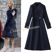 Celebrity Style Ivanka Inspired Notched Collar Mid-Length Wool Coat in Navy - £128.70 GBP