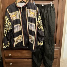 Vintage 90s Adolfo Sport Windbreaker Set Small Black Lion Mob wife Black... - $23.76