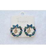 Gold Hanukkah Wreath Blue Rhinestones Earrings Glitter Star of David Center - £14.04 GBP