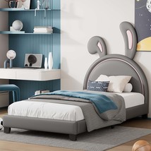 Gray Twin Upholstered Leather Platform Bed with Rabbit Ornament - $158.99