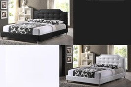 King Platform Bed Black Or White Faux Leather Modern Scalloped Crystal T... - $699.99+
