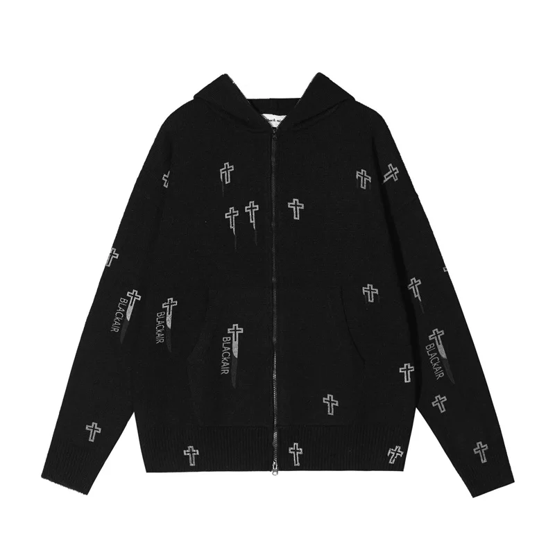 Fashion Sweater Jackets Men Hip Hop Streetwear Cross Pattern Knit Zip Up Hoodie  - £337.60 GBP