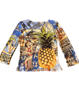 Vintage Hawaiian Hula Dancer Pineapple Seraph 3/4 sleeve rhinestone top - £23.37 GBP