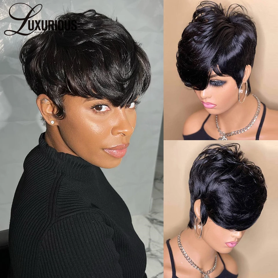 Short Natural Black Colored Glueless Wig Full Machine Made Wig With Bang... - £64.55 GBP+