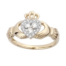 14K Placcato Oro Giallo Finto Diamanti Grappolo Cuore Claddagh Promessa Anello - £158.22 GBP