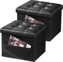 Amassmile 2Pc Storage Ottoman Folding Foot Rest Stool With Side Pocket,, Black - £46.41 GBP