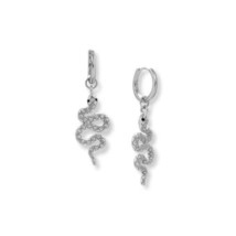 Rhodium Plated Sterling Silver Cubic Zirconia Snake Charm Hoop Earrings - £37.56 GBP