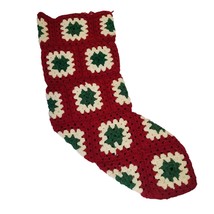 Vintage Granny Square Crochet Christmas Stocking Red Green Handmade Cott... - $40.44