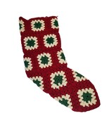 Vintage Granny Square Crochet Christmas Stocking Red Green Handmade Cott... - £31.80 GBP