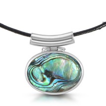 Boho Oval Two Sides Abalone &amp; Pearl Sterling Silver Horizontal Pendant Necklace - £29.03 GBP