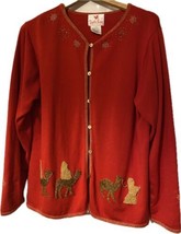 Vintage Quaker Factory Red Gold Nativity Christmas Cardigan Sweater size XL - £24.12 GBP