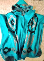 Inca Runa Wool Poncho Cape Turquoise Hooded Two Button One Size - $37.39