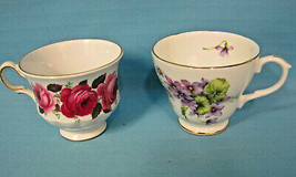 2 Tea Cups Queen Anne Roses &amp; Duchess Violets English Bone China Pink White - £19.71 GBP