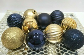 Christmas Navy Blue Gold Plastic Glitter Tree Ornaments Decor 2.5&quot; S/10 - $15.83