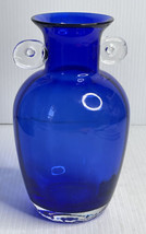Vintage Gorgeous Designs Cobalt Blue Blown Glass Vase Clear Applied Handles 7.5&quot; - £15.54 GBP