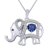 Simulated Sapphire Diamond Elephant Pendant 18&quot; Chain White Gold Plated Silver - £58.81 GBP