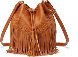 Leather Bucket Bags for Women Crossbody Fringe Purses with Drawstring La... - £34.76 GBP