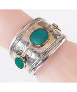 Antique Wide Turkmen Turkoman Green Aventurine Silver Cuff Bracelets - $1,089.29 CAD