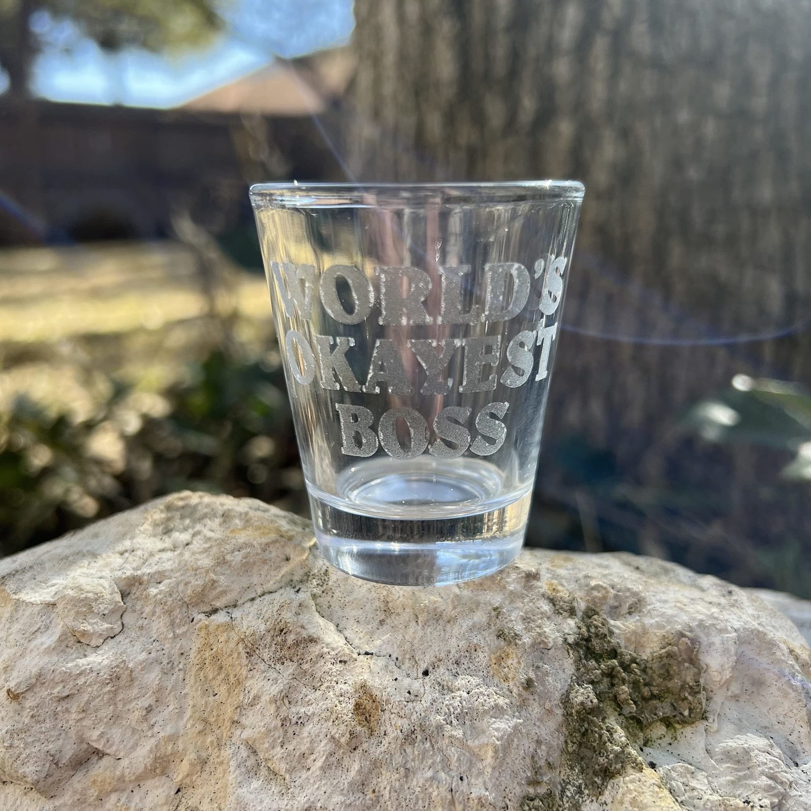 2oz Worlds Okayest Boss Shotglass LASER 2oz Worlds Okayest Boss Shotglass LASER
