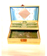 VINTAGE LIGHT BLUE/GREEN INTERIOR BEIGE FAUX LEATHER WRAPPED JEWELRY BOX... - $354.73 MXN