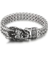 Dragon/Wolf Head Men&#39;s Bracelet, Stainless Steel,  Cool Viking Jewelry - £26.69 GBP